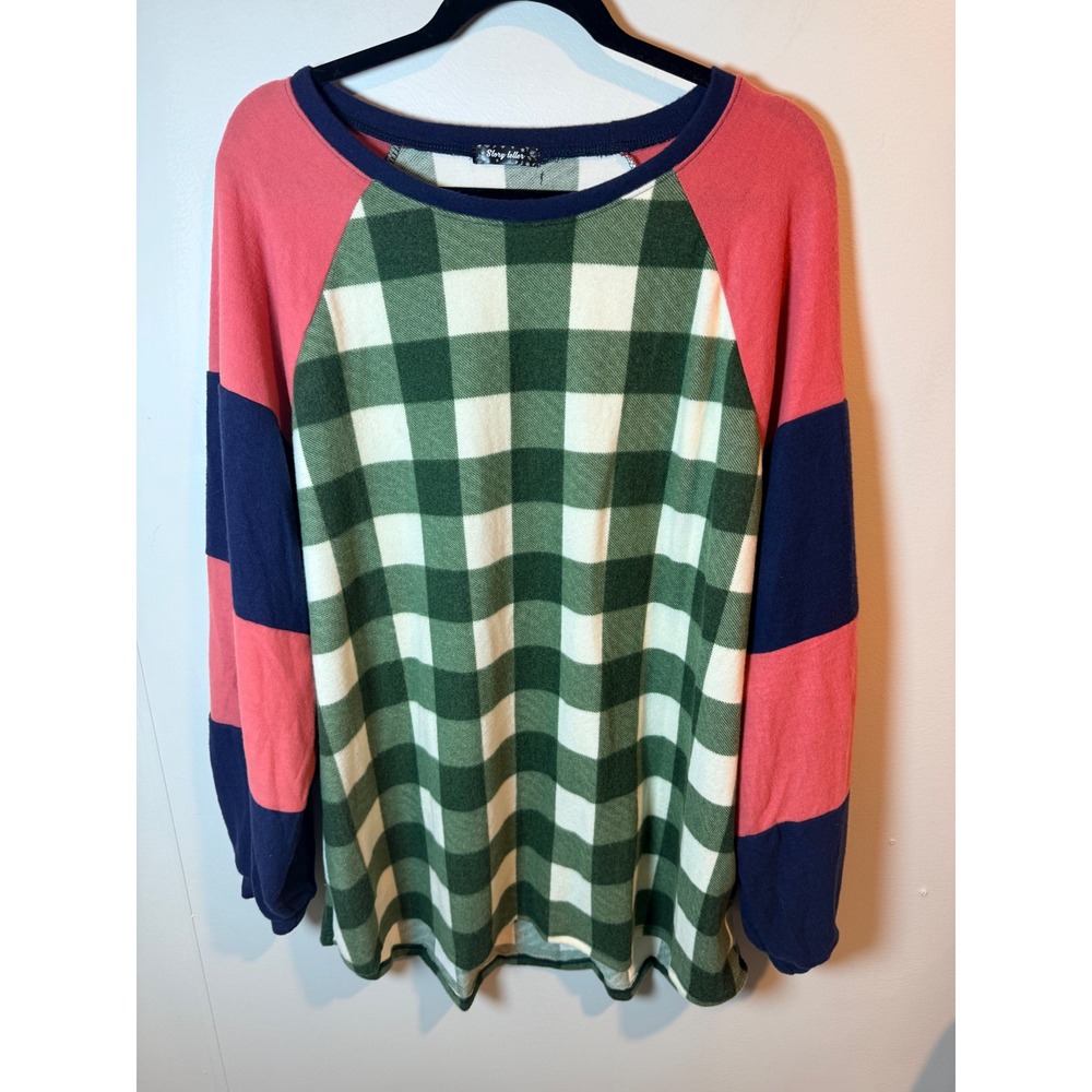 Story Teller Women 3X Buffalo Plaid Striped Raglan Fleece Shirt Green Coral Navy - Picture 2 of 7
